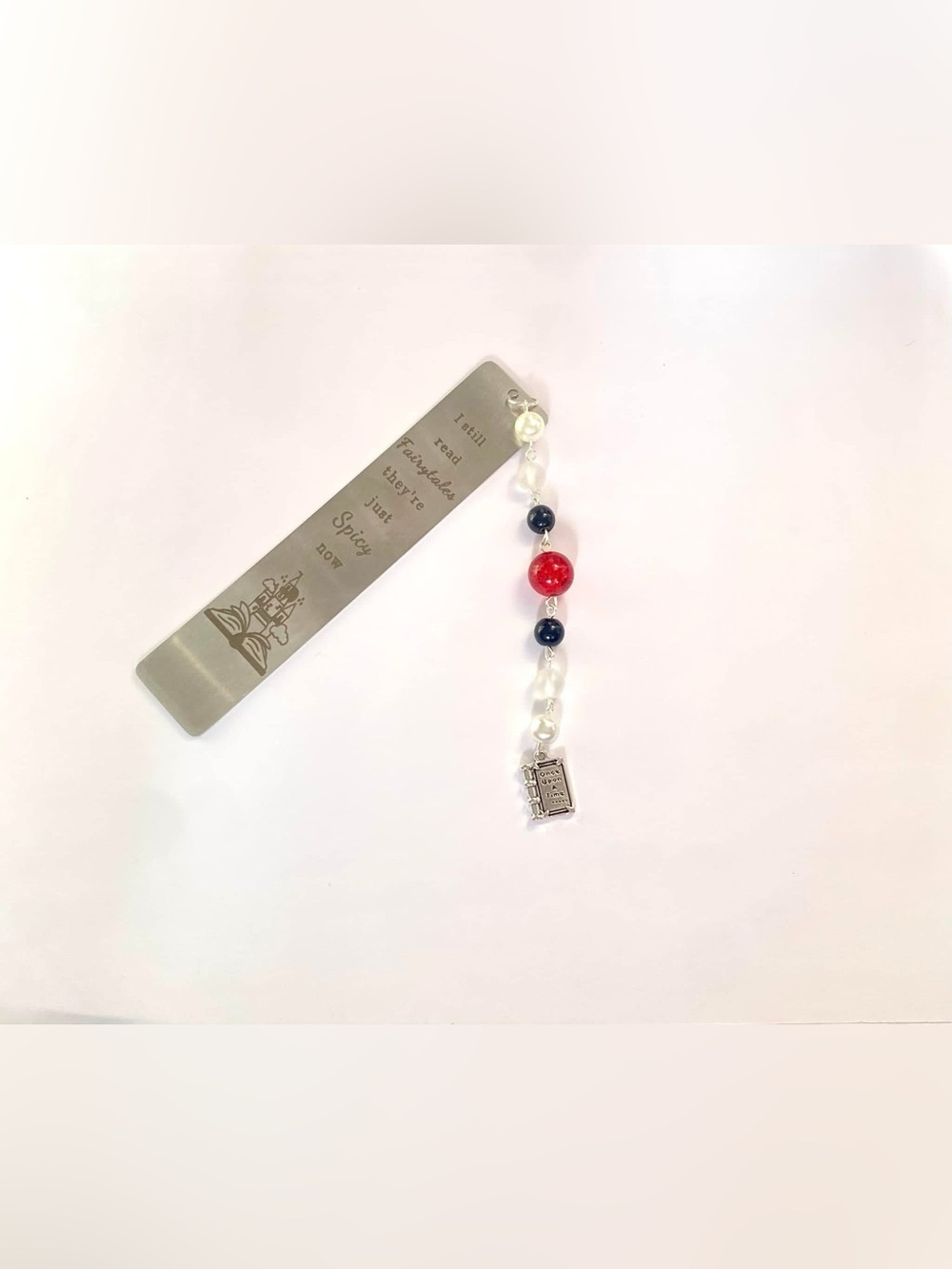 Hand Crafted Silver Bookmark with Red and Blue Bead Charm